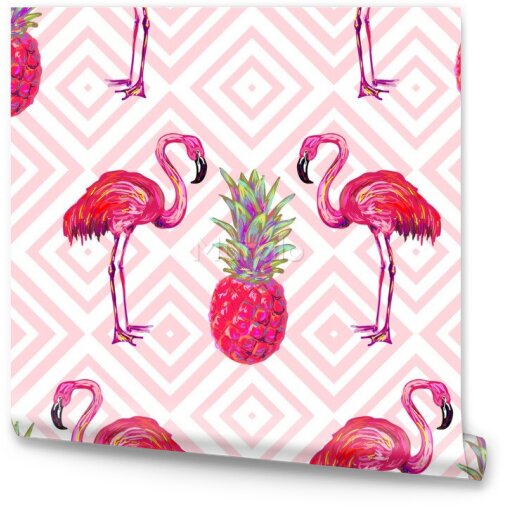 Tapeta Tropikalna - Różowe Flamingi i Ananasy
