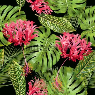 Tapeta Tropikalne kwiaty w liściach